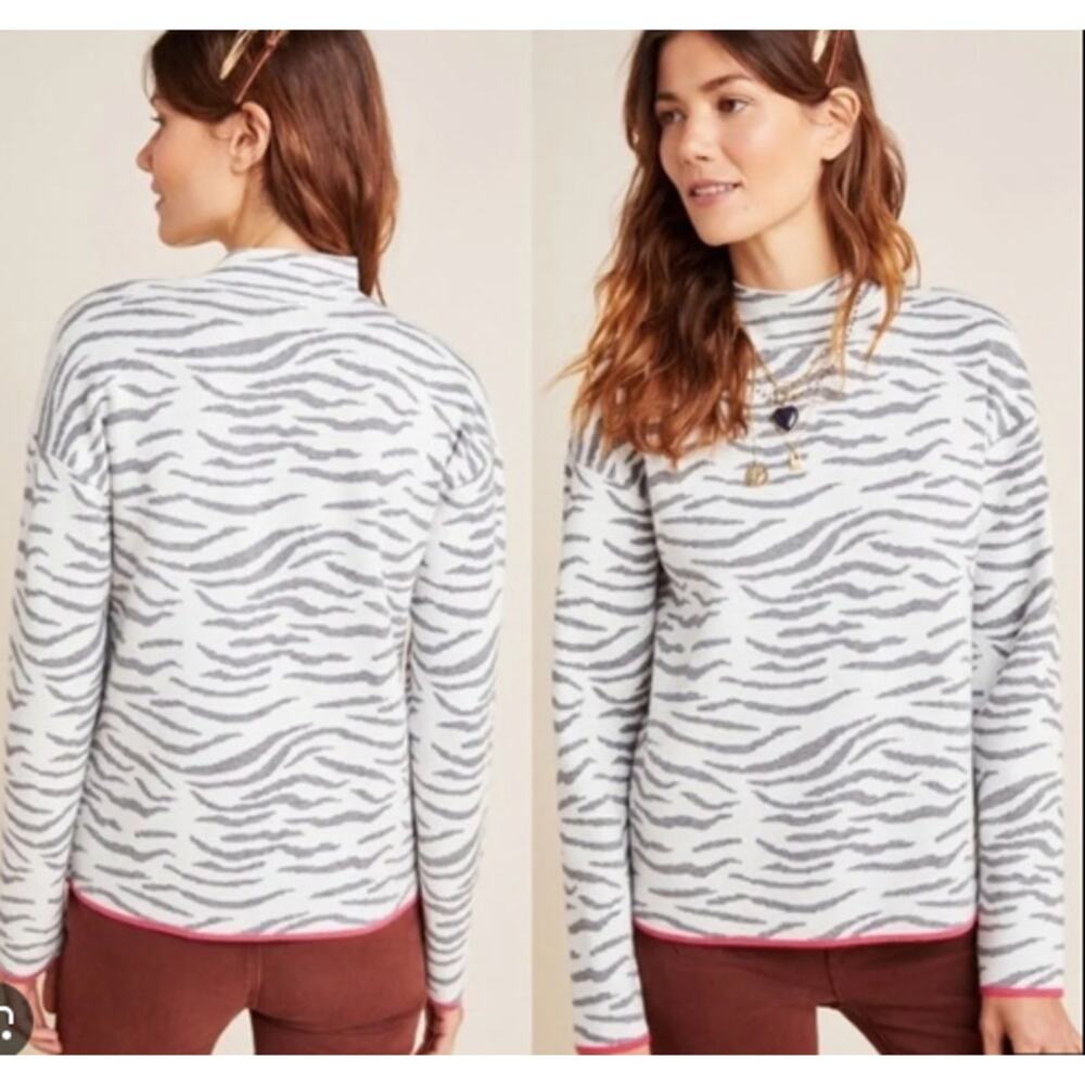 BY ANTHROPOLOGIE Lizzie Zebra Striped Sweater Grey White Longsleeve Mock Neck XS